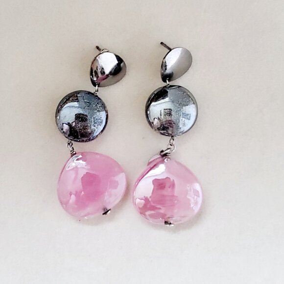 ANTICA MURRINA Murano Glass Drop Earrings Candy Pink Gunmetal Foil Glass Silver - Picture 2 of 7